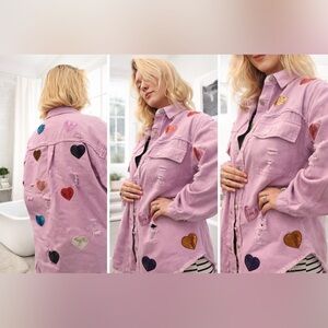 Lavender Heart Patch Distressed Shacket - Brand